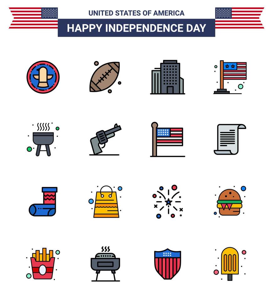 4:e juli USA Lycklig oberoende dag ikon symboler grupp av 16 modern platt fylld rader av laga mat utegrill byggnad USA flagga redigerbar USA dag vektor design element