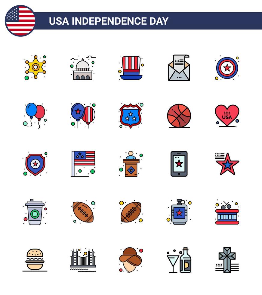 Lycklig oberoende dag 4:e juli uppsättning av 25 platt fylld rader amerikan pictograph av post hälsning vit kuvert USA redigerbar USA dag vektor design element
