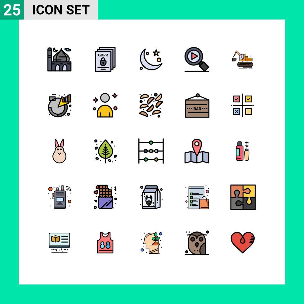universelle Symbolsymbole Gruppe von 25 modernen gefüllten Linien flache Farben der Videoforschung schützen bearbeitbare Vektordesign-Elemente des Ramadan-Mondes vektor