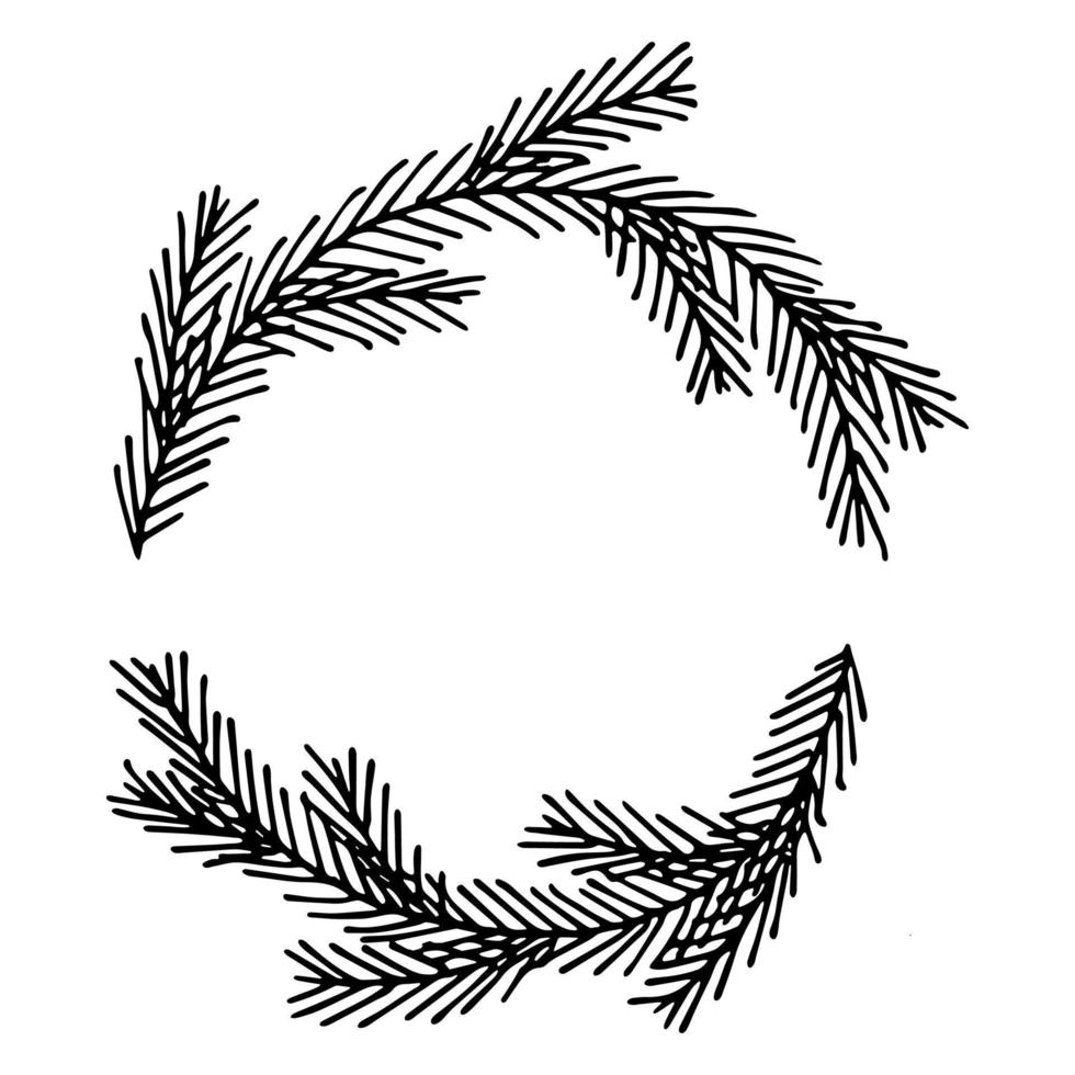 handgezeichneter Rahmen aus Fichtenzweigen. Kranz-Doodle. weihnachts- und wintergestaltungselement vektor