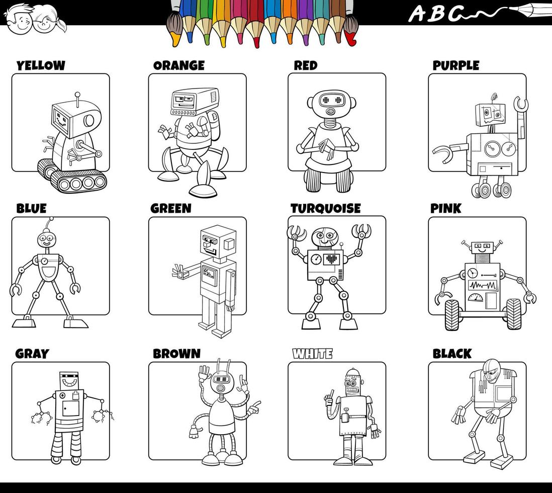grundfarben mit roboterzeichensatz zum ausmalen vektor