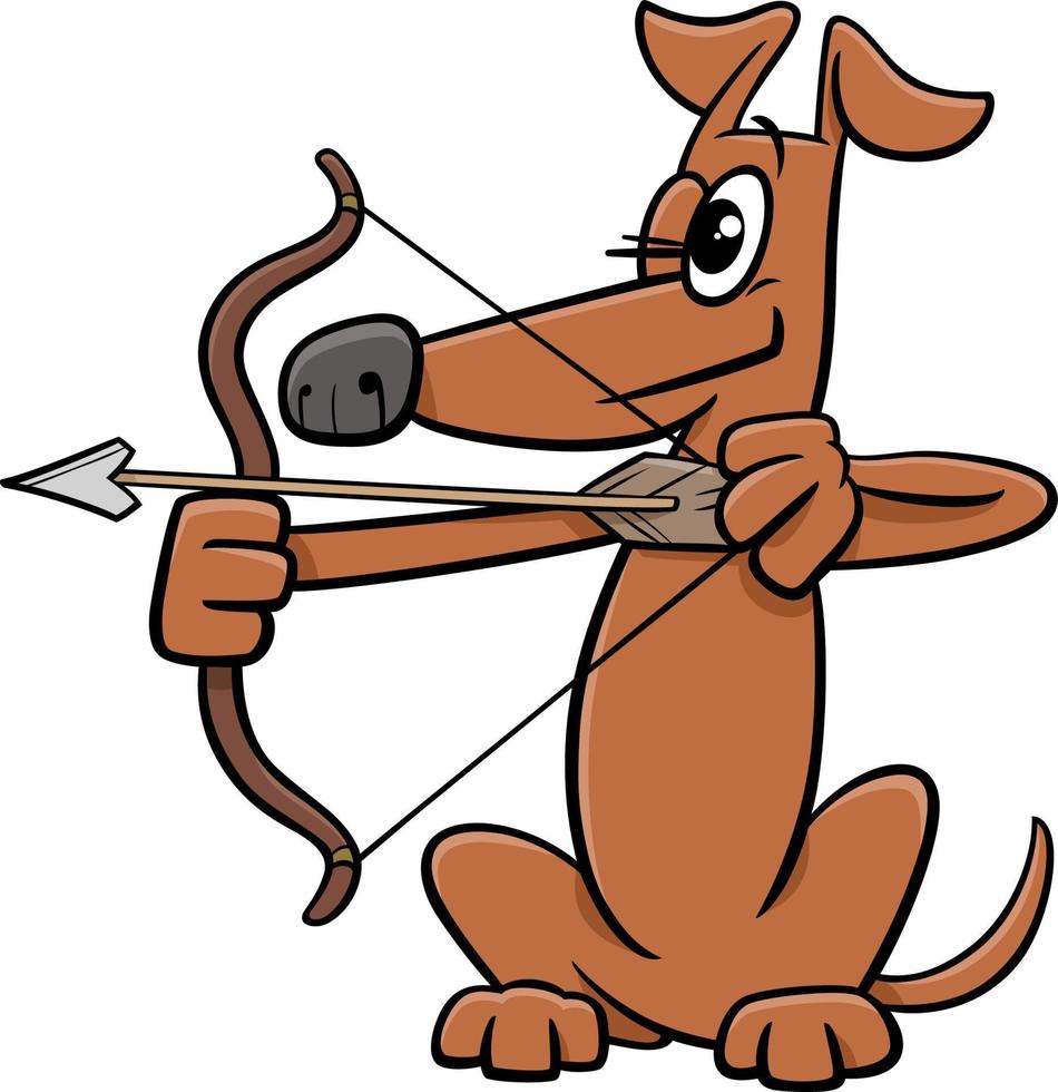 Cartoon-Hund-Comic-Tierfigur, die den Bogen schießt vektor