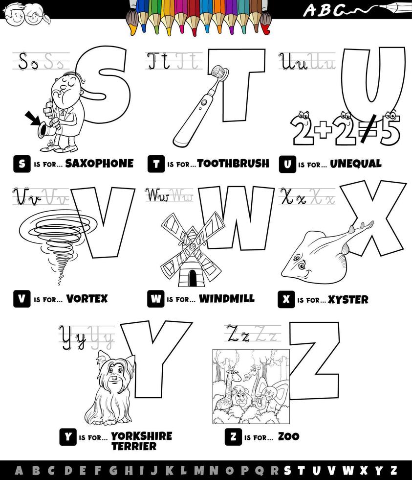 pädagogisches Cartoon-Alphabet-Set von s bis z Farbbuchseite vektor