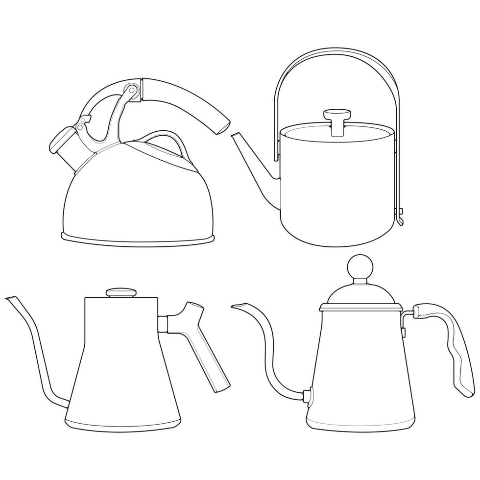 Set off Wasserkocher Linie Vektorgrafiken. Teekanne-Logo. Wasserkocher mit Griff isoliert auf weißem Hintergrund. Wasserkocher im Linienstil-Vektor. vektor