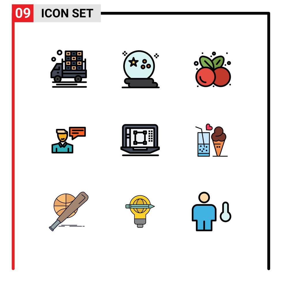 Gruppe von 9 gefüllten flachen Farben Zeichen und Symbolen für Mann Nachricht beängstigend Chat gesundes Essen editierbare Vektordesign-Elemente vektor