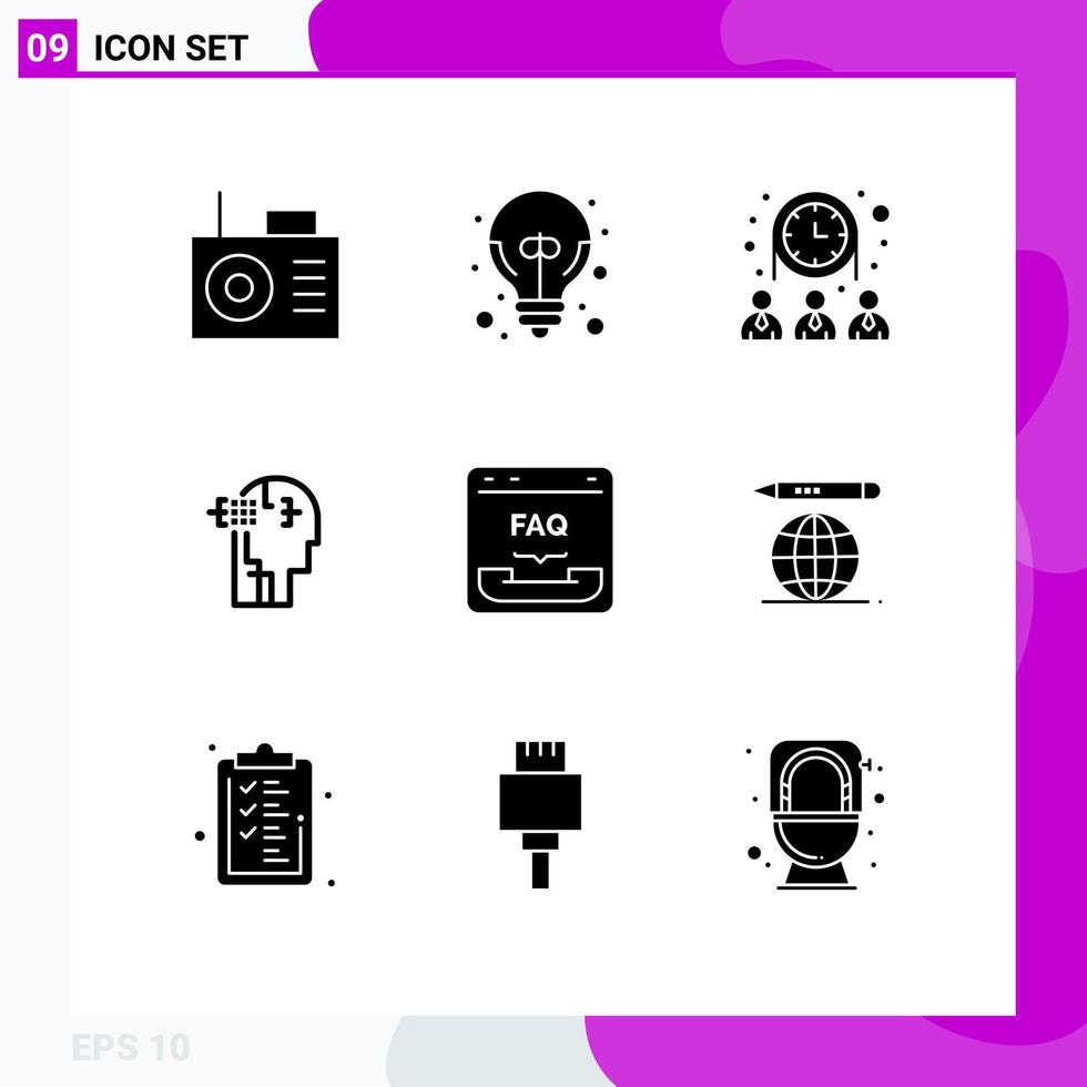 Piktogrammsatz aus 9 einfachen soliden Glyphen von FAQ-Kommunikationsteam-Browser-Mann editierbare Vektordesign-Elemente vektor