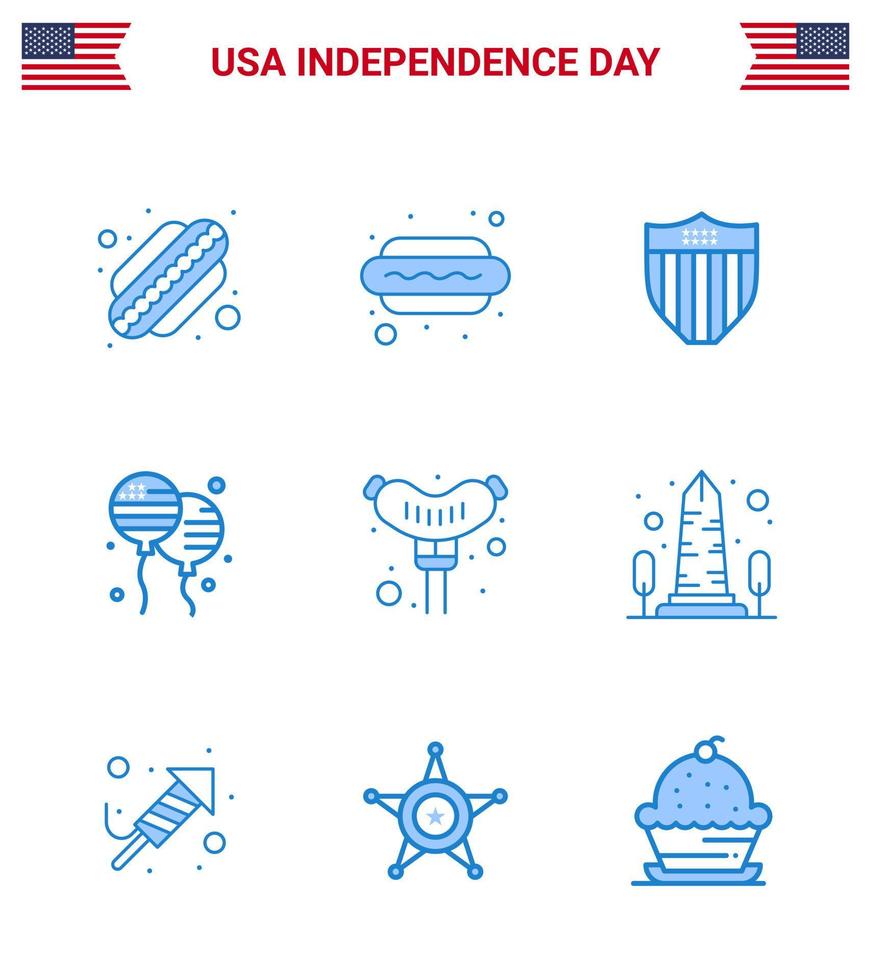 Stock Vector Icon Pack von American Day 9 Zeilenzeichen und Symbolen für Wurst Lebensmittel Schild American Bloons editierbare Usa Day Vektor Design Elemente
