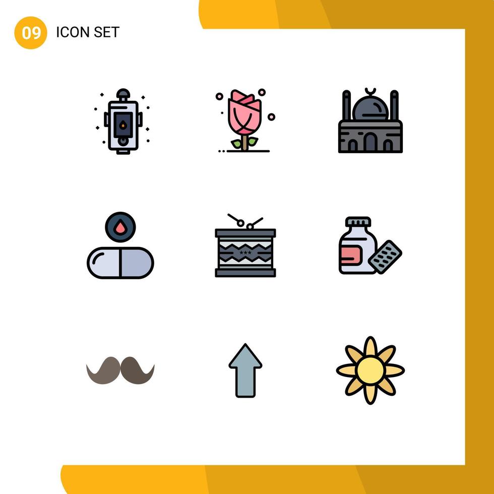 9 universelle Fillline-Flachfarben, die für Web- und mobile Anwendungen eingestellt sind, lassen bearbeitbare Vektordesign-Elemente für Drogen, Natur, Ort, Moschee fallen vektor