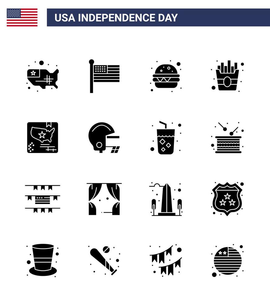 gruppe von 16 soliden glyphen, die für den unabhängigkeitstag der vereinigten staaten von amerika festgelegt wurden, wie weltflaggenburger, amerikanisches essen, editierbare usa-tagesvektordesignelemente vektor