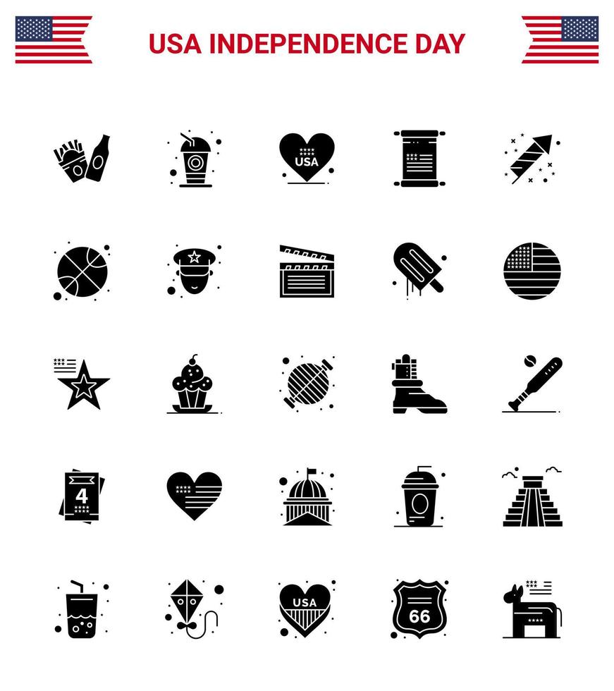 glücklicher unabhängigkeitstag usa paket mit 25 kreativen soliden glyphen der feuerwerksfeier liebe usa text editierbare usa tag vektor design elemente