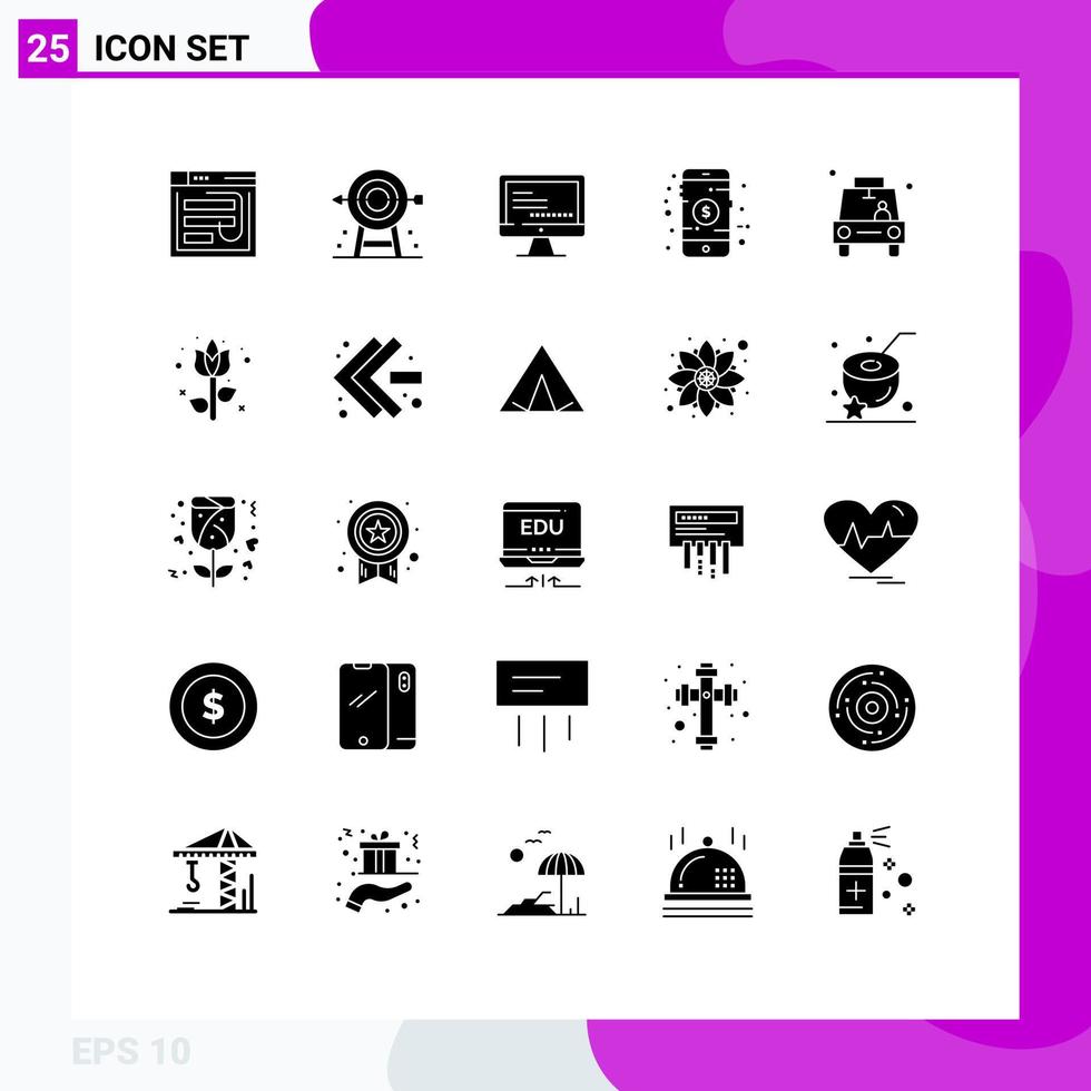 Gruppe von 25 soliden Glyphen Zeichen und Symbolen für Online-Bildung Unternehmenstext computerbearbeitbare Vektordesign-Elemente vektor