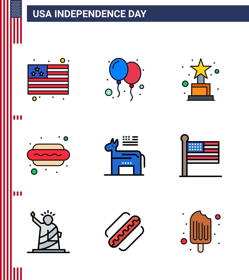 9 USA platt fylld linje tecken oberoende dag firande symboler av symbol amerikan tilldela åsna mat redigerbar USA dag vektor design element