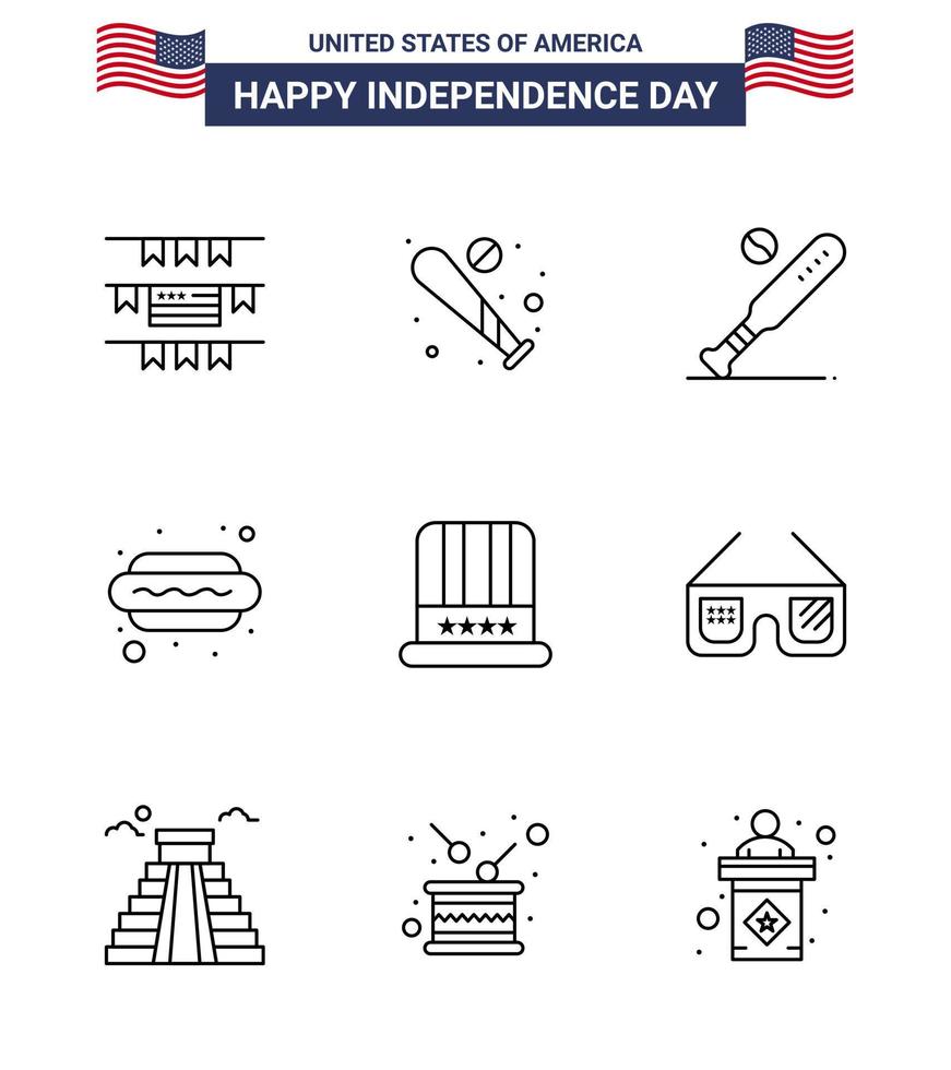 Linienpackung mit 9 Usa-Unabhängigkeitstag-Symbolen von Gläsern Usa-Hotdog-Amerikanischer Hut editierbare Usa-Tag-Vektordesign-Elemente vektor