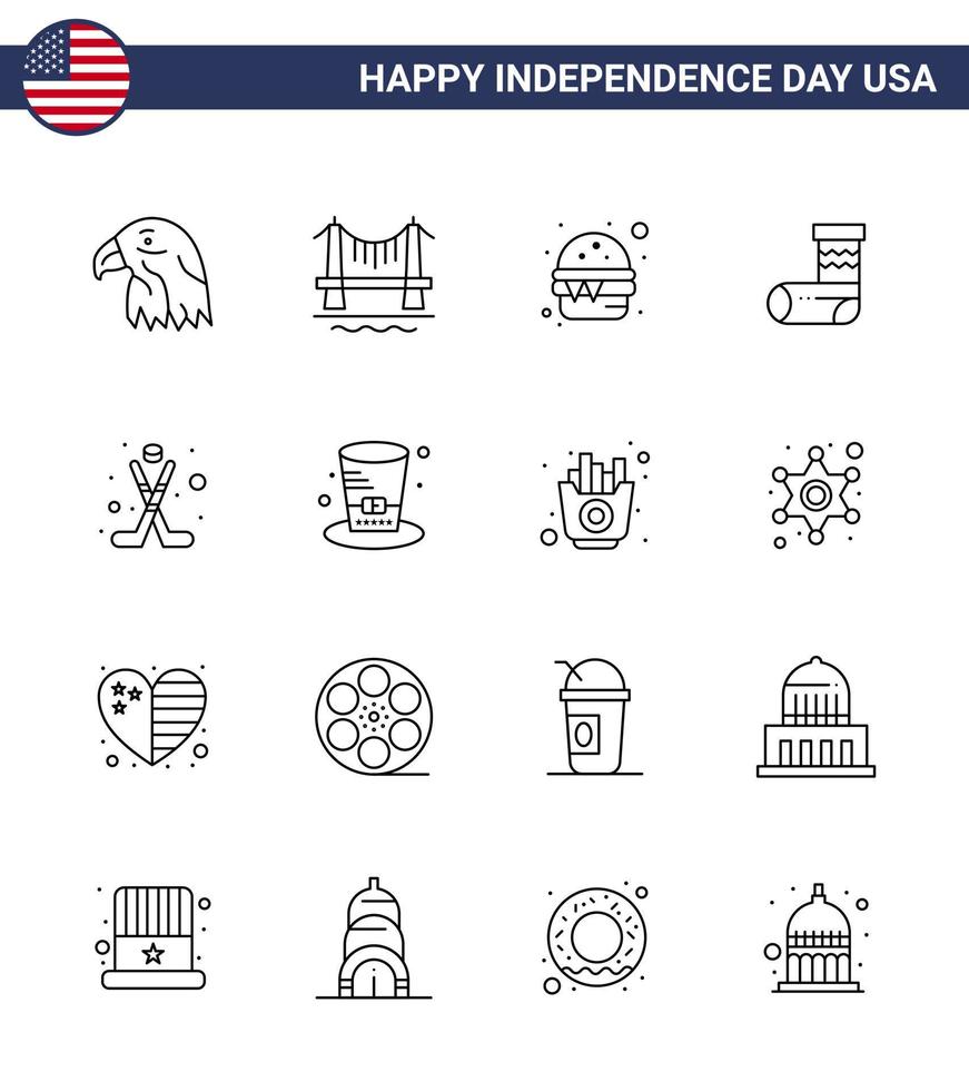 stor packa av 16 USA Lycklig oberoende dag USA vektor rader och redigerbar symboler av hokey gåva burger fest firande redigerbar USA dag vektor design element