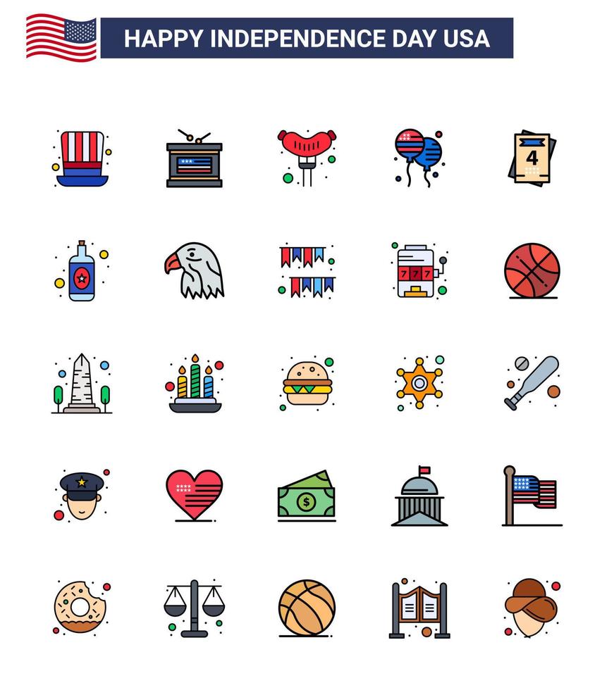 uppsättning av 25 modern platt fylld rader packa på USA oberoende dag bröllop inbjudan mat amerikan bloons redigerbar USA dag vektor design element