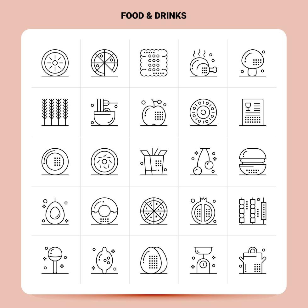 Umriss 25 Essen Getränke Icon Set Vektor Linienstil Design schwarze Icons Set lineares Piktogramm Pack Web und mobile Geschäftsideen Design Vektor Illustration