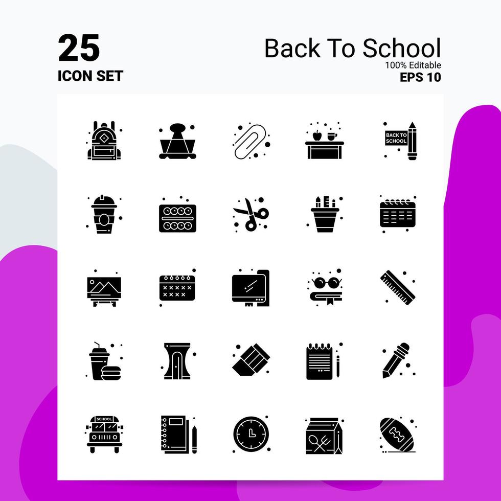 25 Back to School Icon Set 100 bearbeitbare Eps 10 Dateien Geschäftslogo Konzeptideen solides Glyphen-Icon-Design vektor