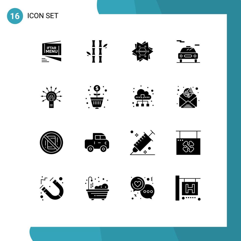 Mobile Schnittstelle solider Glyphensatz von 16 Piktogrammen von Transportautoblättern formt bearbeitbare Vektordesignelemente der Marke vektor