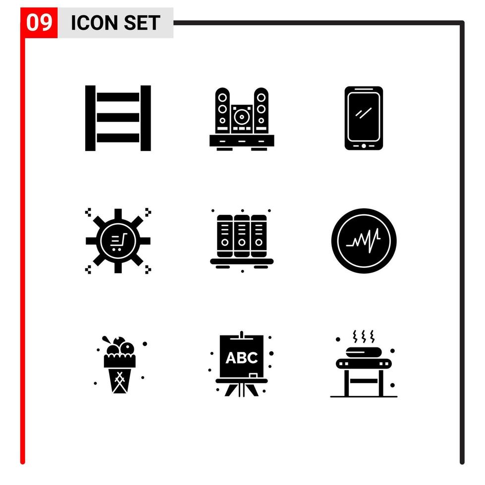 Gruppe von 9 soliden Glyphen Zeichen und Symbolen für bearbeitbare Vektordesign-Elemente für die Marketingkampagne der Wissensagenda mobile Marketingtechnologie vektor