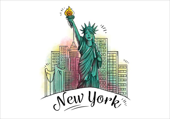 Karaktärsdesign Frihetsgudinnan med byggnad bakom ikonen för New York City vektor
