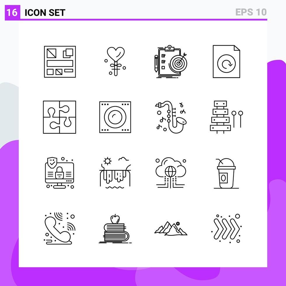 Satz von 16 Symbolen im Linienstil. kreative Gliederungssymbole für Website-Design und mobile Apps. einfaches Liniensymbolzeichen isoliert auf weißem Hintergrund. 16 Ikonen. vektor