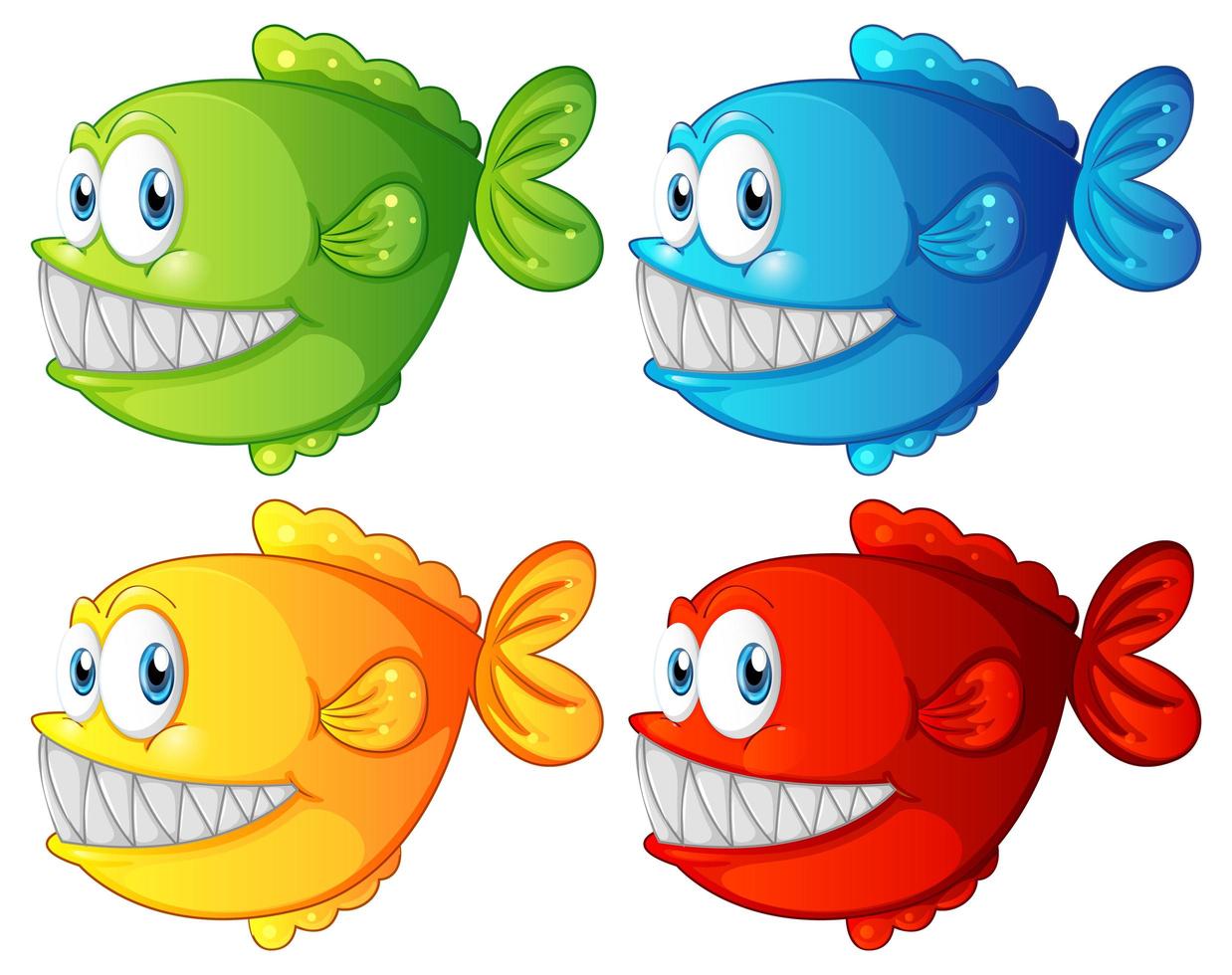 uppsättning av olika färger exotiska fisk seriefigurer på vit bakgrund vektor