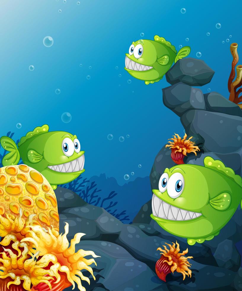 många exotiska fiskar seriefigur i undervattensscenen med koraller vektor