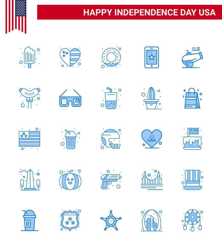 25 blaue Schilder für USA-Unabhängigkeitstag Haubitze Big Gun Donut Irland Telefon editierbare USA-Tag-Vektordesign-Elemente vektor