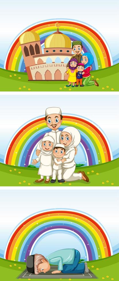 Satz arabischer muslimischer Familien in traditioneller Kleidung und Regenbogenhintergrund vektor