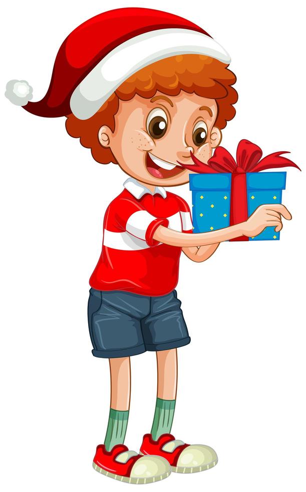 süßer Junge, der Weihnachtsmütze trägt und eine Geschenkbox auf weißem Hintergrund hält vektor