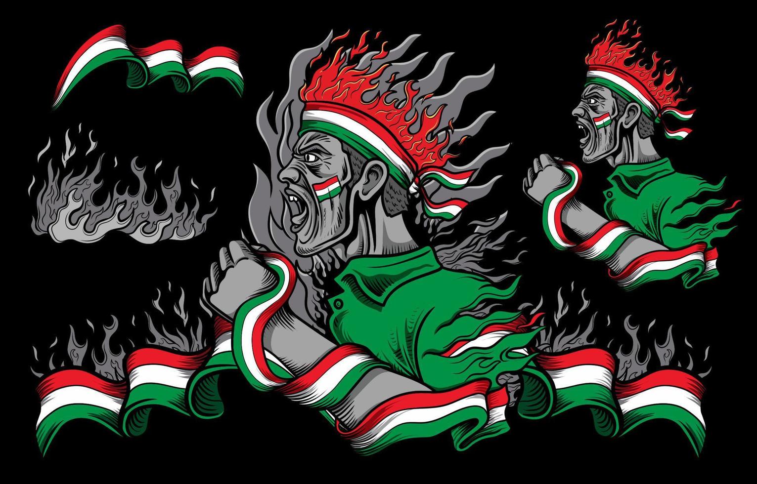 ungarische flagge und feuerelemente mit schreienden menschen vektor