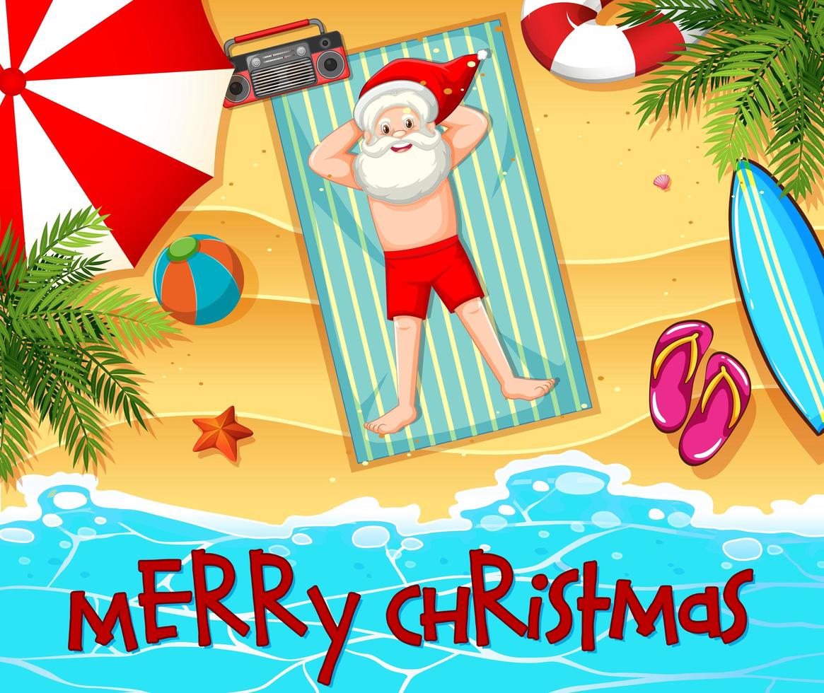 jultomten tar solbad på stranden med sommarelement och teckensnitt för god jul vektor