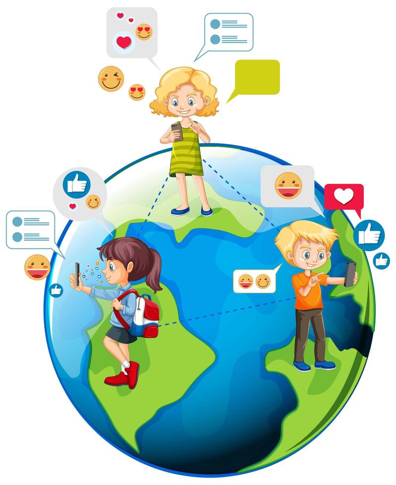 Kinder mit Social-Media-Elementen auf der Erde Globus vektor