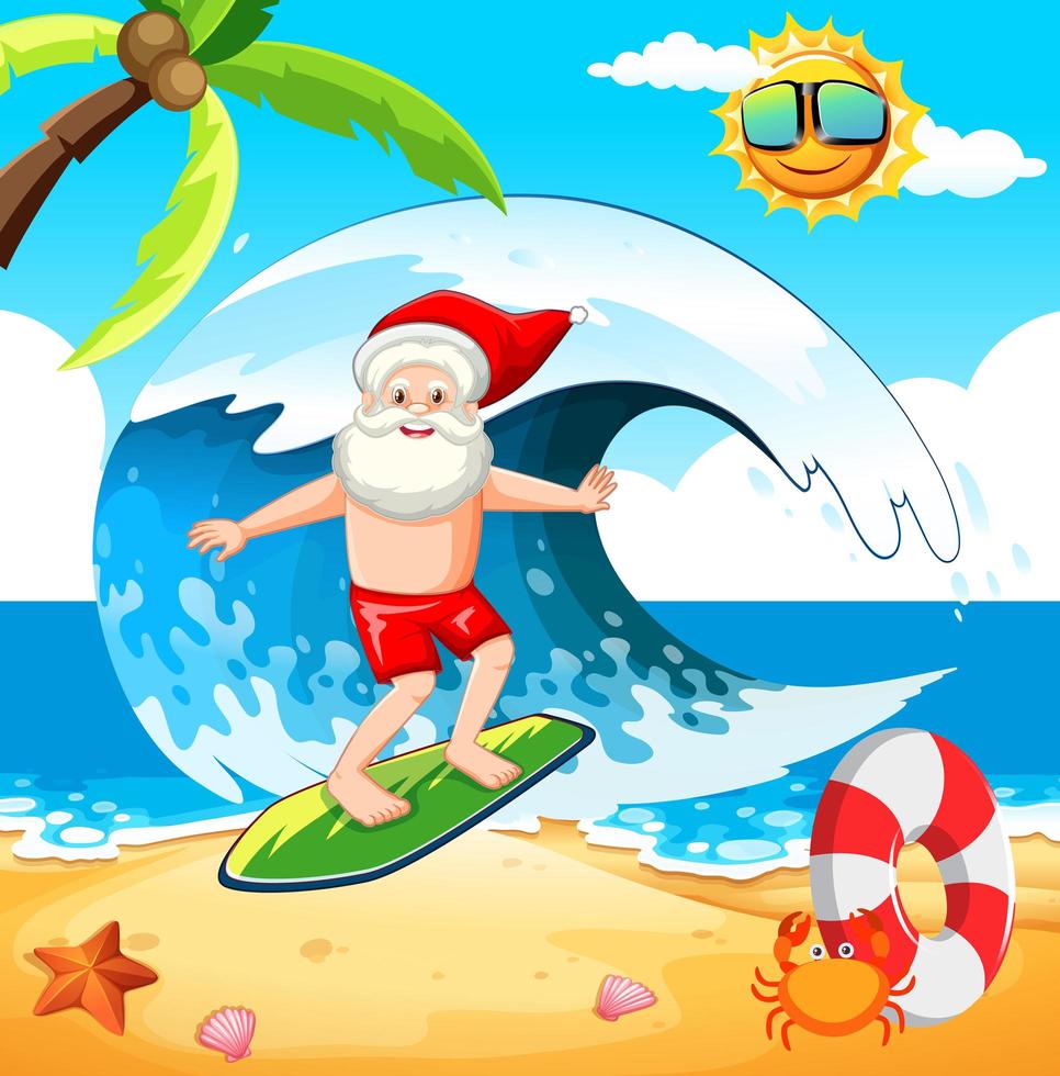 Santa Claus Surfen am Strand für Sommer Weihnachten vektor