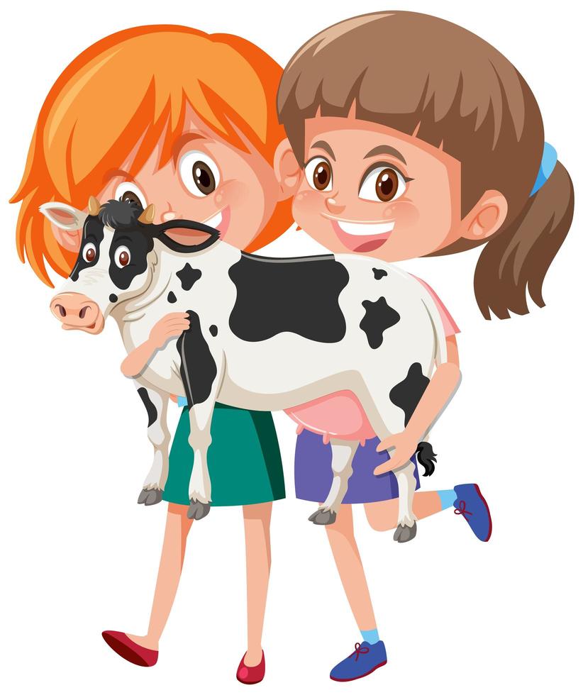 zwei Mädchen, die niedlichen Tierkarikaturcharakter lokalisiert auf weißem Hintergrund halten vektor