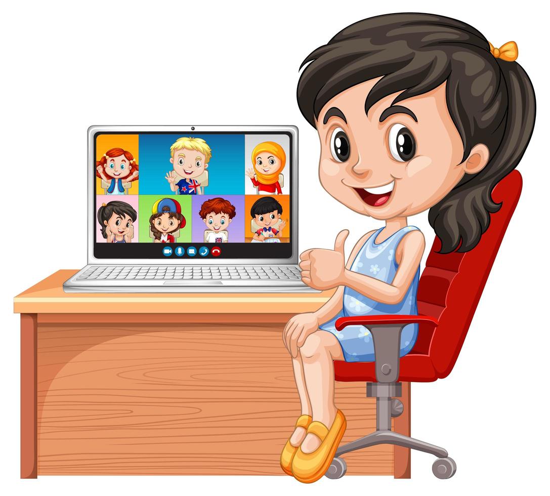 ein Mädchen Video Chat mit Freunden auf weißem Hintergrund vektor