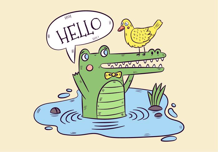 Nette grüne Alligator und gelbe Ente mit Sprechblase vektor
