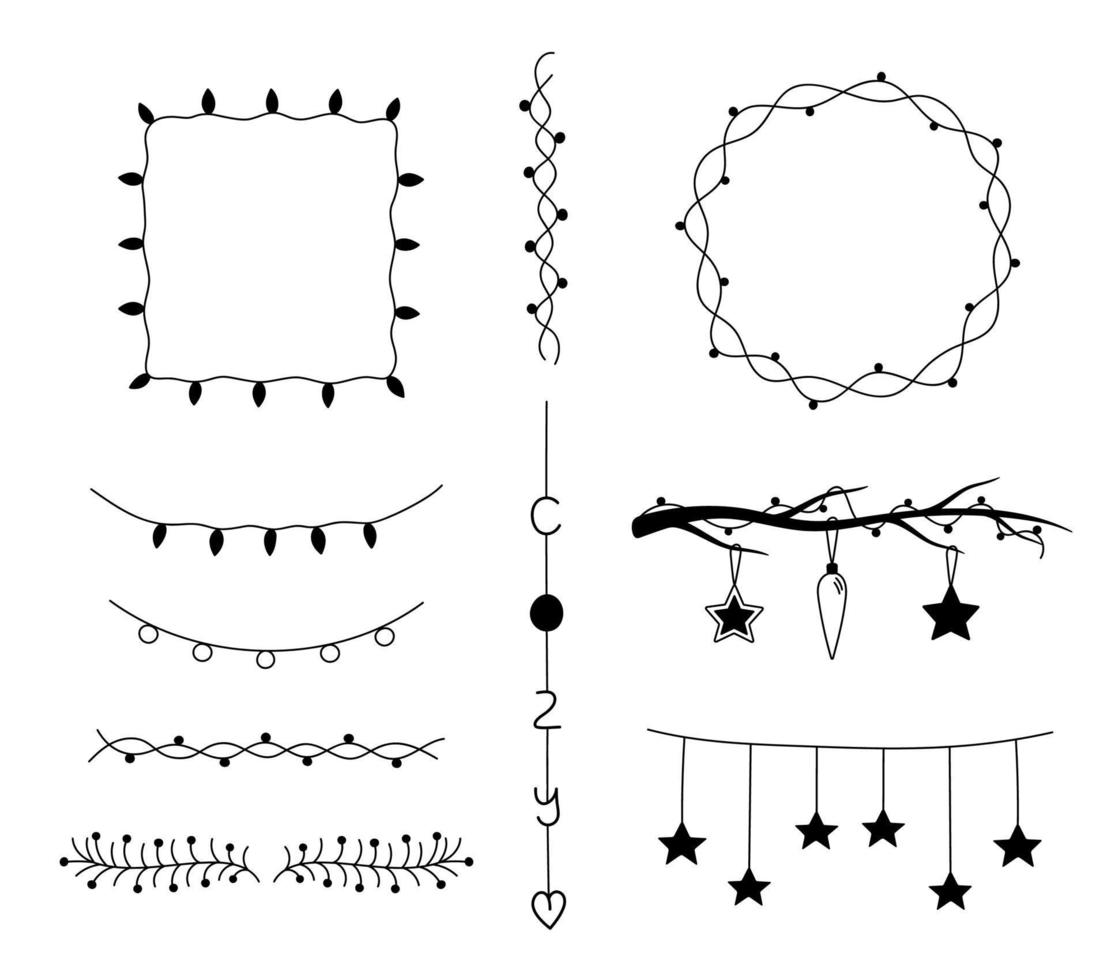 satz gekritzelweihnachtsrahmen, girlanden, grenzen lokalisiert. sammlung von handgezeichneten umrisselementen für weihnachten, neujahrsdekor. Vektor-Urlaub-Illustration vektor