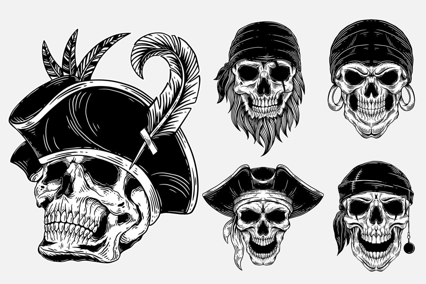 uppsättning bunt mörk konst skalle pirater kapten skelett årgång illustration för Kläder kläder vektor