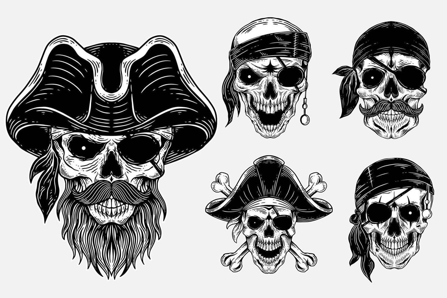 uppsättning bunt mörk konst skalle pirater kapten skelett årgång illustration för Kläder kläder vektor