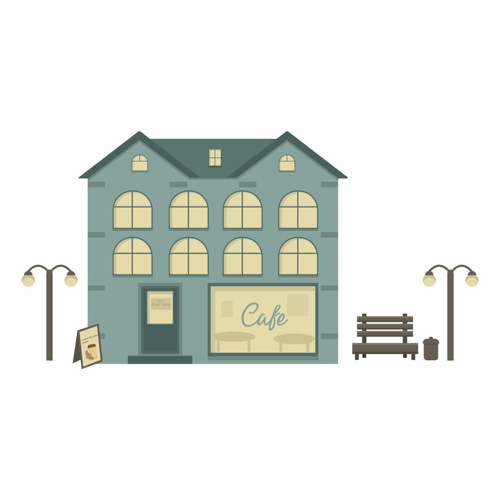 Grünes Gebäude mit einem Café im Erdgeschoss, einer Bank und Laternen in der Nähe. dreistöckiges Haus. Geschäft für heiße Getränke. Illustration für die Werbung von Kaffeehäusern und Websites vektor