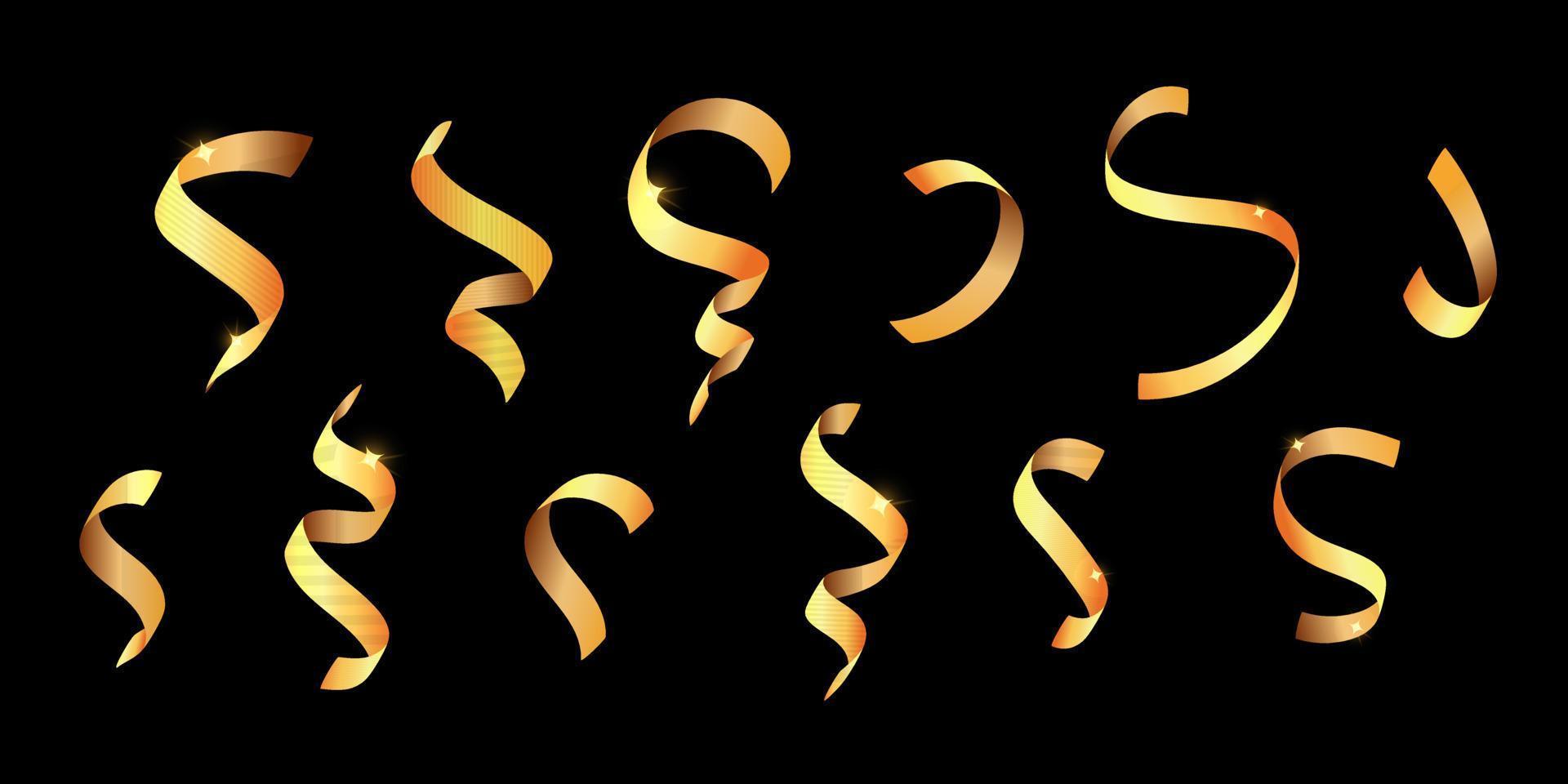 3d vektor samling realistisk framställa färgrik guld skinande satin vriden band Semester serpentin dekoration design element