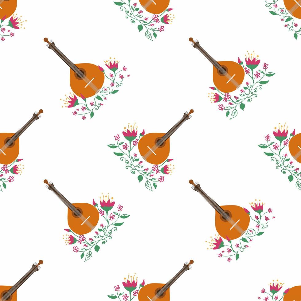 nahtloses muster der portugiesischen gitarre mit blumen, typische azulejo-fliesen. Musik und musikalische Traditionen vektor
