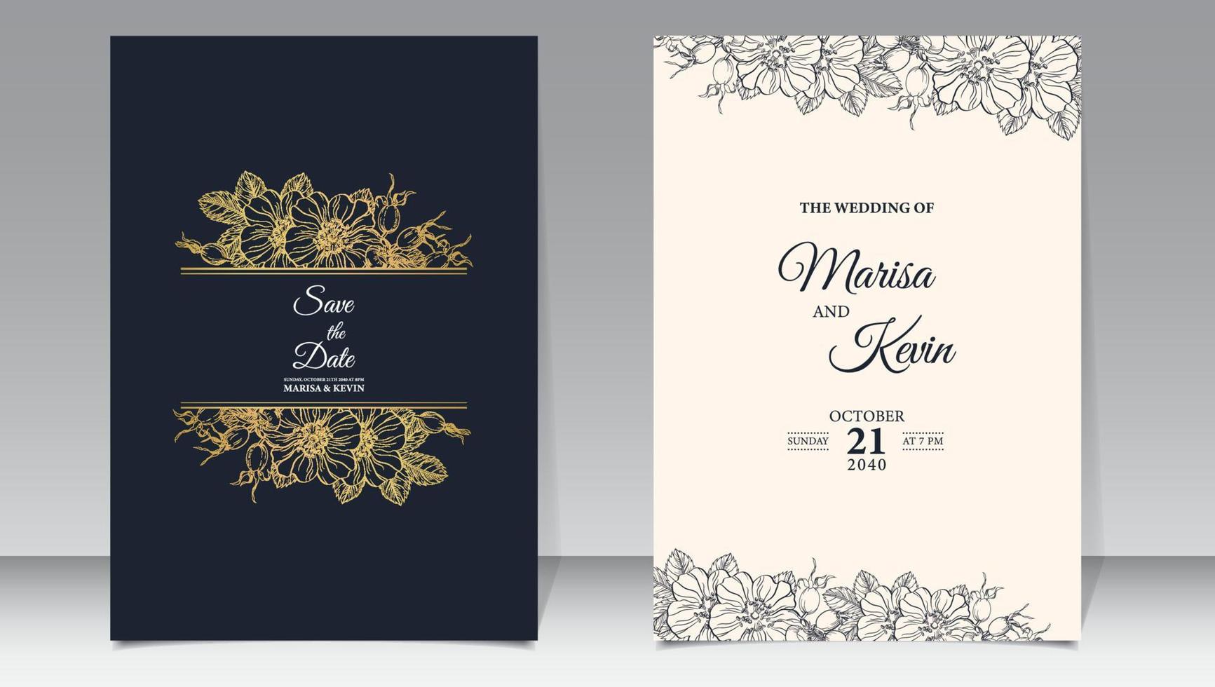 lyx bröllop inbjudan med guld linje stil minimalistisk blommig premie vektor