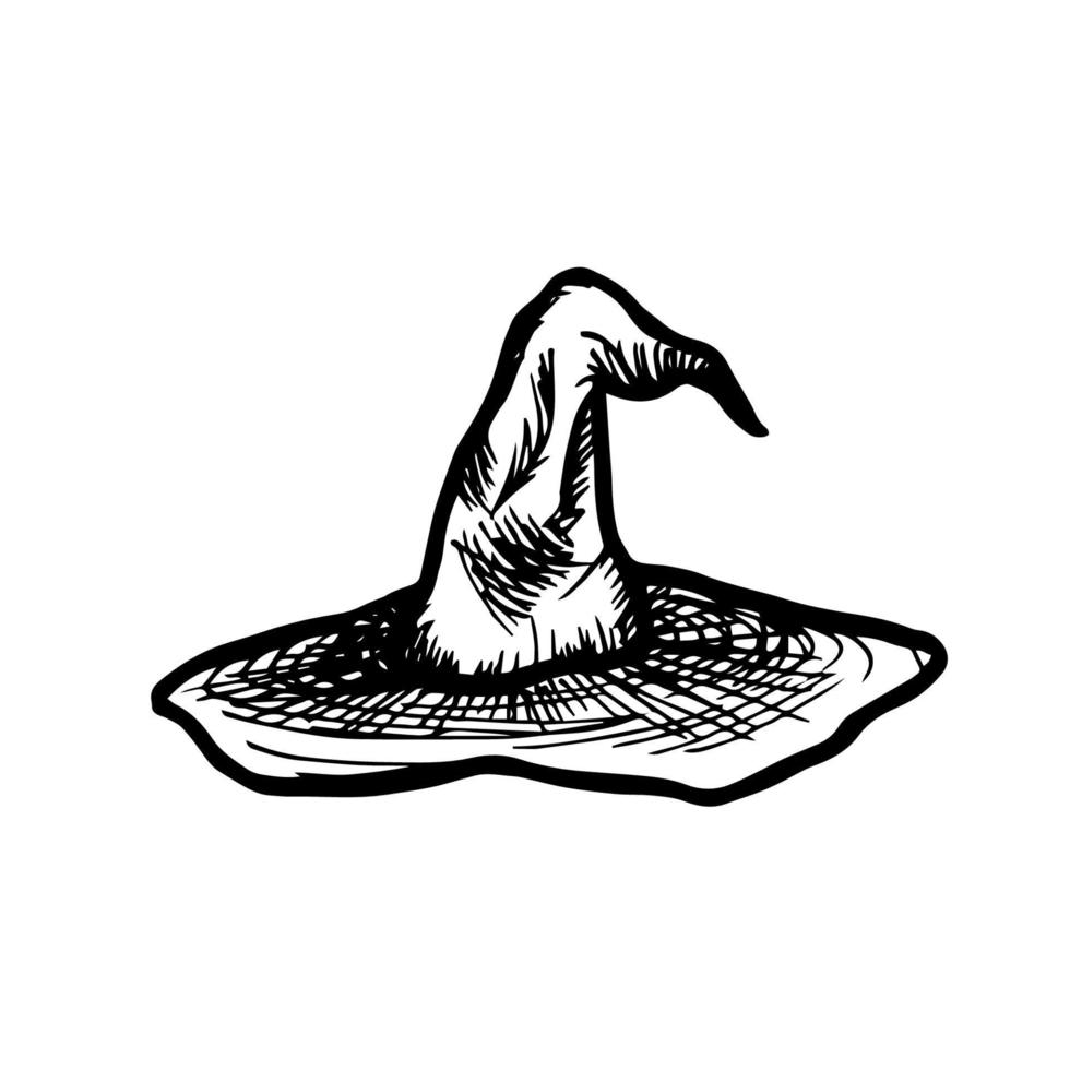 Hexenhut-Grunge-Zeichnung. Vektor handgezeichnete Zeichnung von spitzem Kopfschmuck mit breiter Krempe.