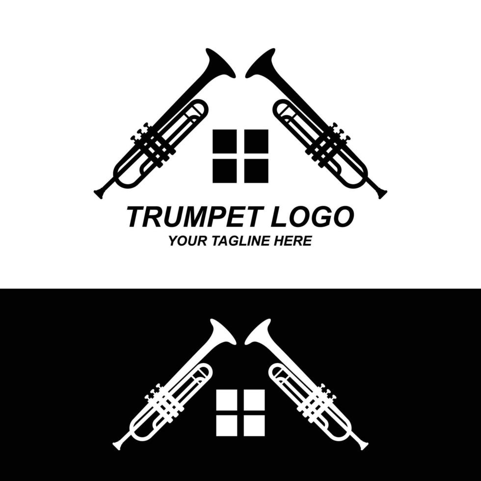 trumpet logotyp design, generera melodi, musikinstrument vektor skiss illustration