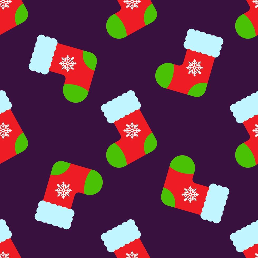 vektor sömlös mönster av röd jul strumpa på mörk violett bakgrund