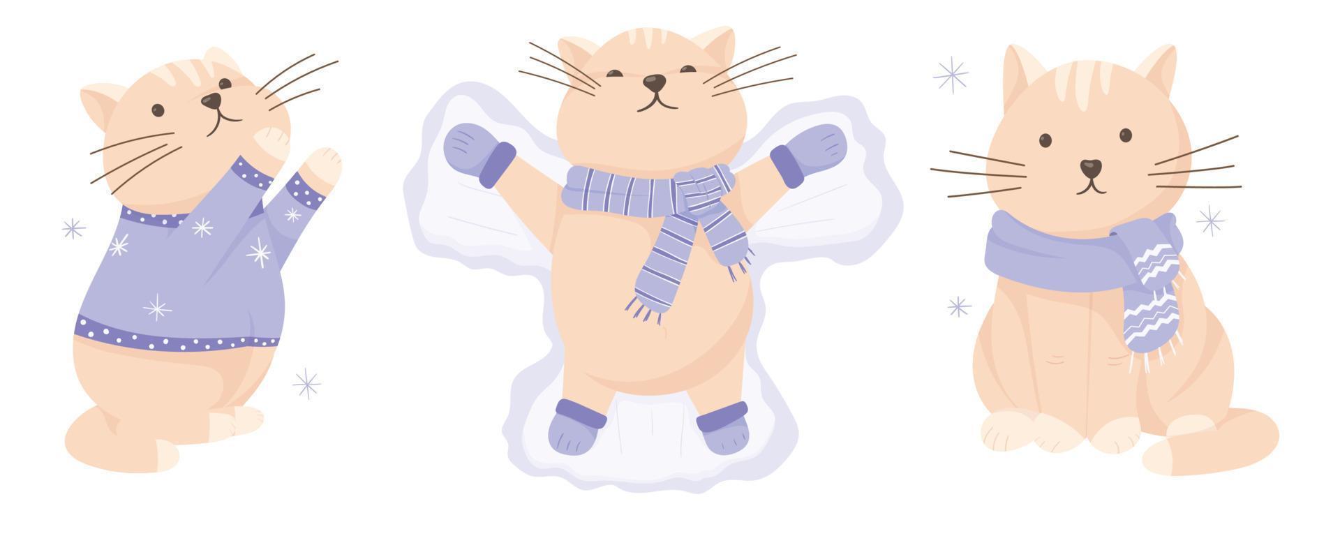 Vektor-Illustration von niedlichen Comic-Katzen. Winter, warme Kleidung, Pullover, Handschuhe und Schal. neujahrs- und weihnachtsdekorationen mit schnee. vektor