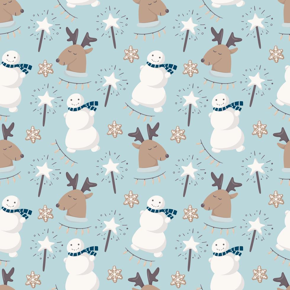 Vektor nahtlose Muster. Winterkinderthema, lustige Cartoon-Schneemänner und Hirsche. dekoriert mit funkelnden Sternen und Keksen. Der blaue Hintergrund eignet sich für Dekorations- und Geschenkpapier.