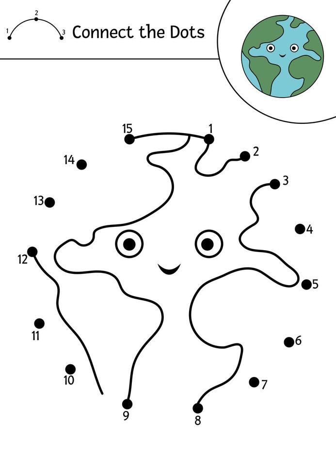 vektor Plats prick-till-prick och Färg aktivitet med söt planet jorden. astronomi ansluta de prickar spel för barn. rolig matematik färg sida för barn med söt stjärna